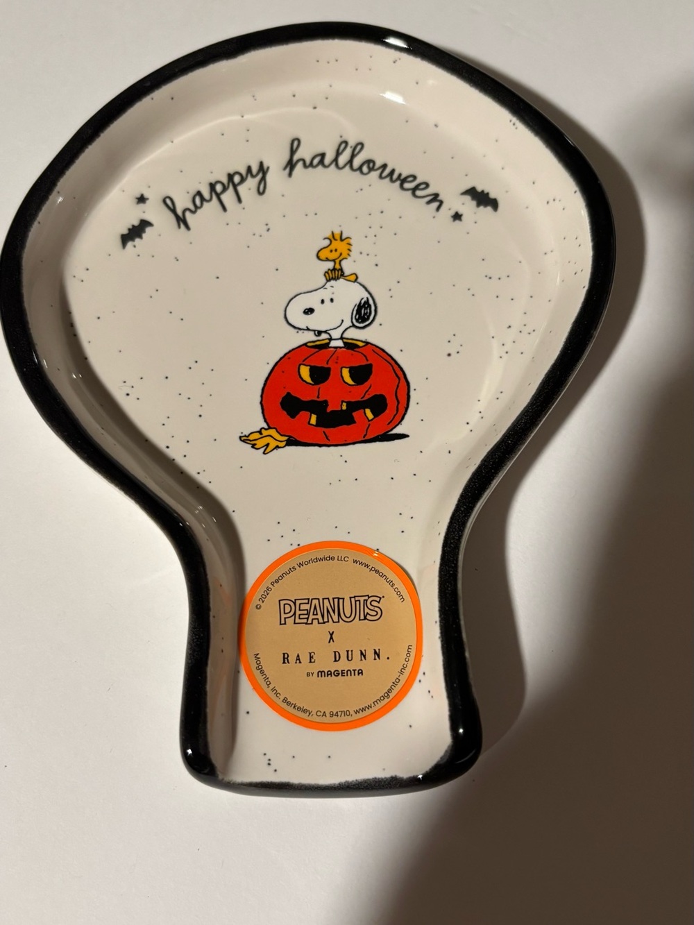 Rae Dunn White & Black Peanuts Halloween Spoon Rest with Snoopy & Pumpkin